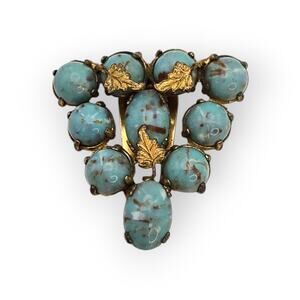 Vintage Turquoise Glass Cabochon Clip with Gilded Leaf Accents (c. 1940s–1950s)
